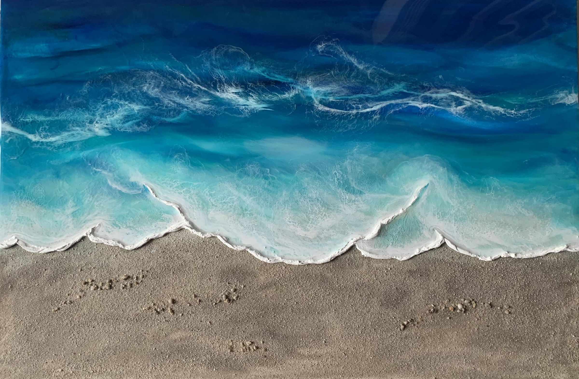 Kunstvolles Bild gemalt in Strand - Meer, Optik mit hellen, stechenden Farben.